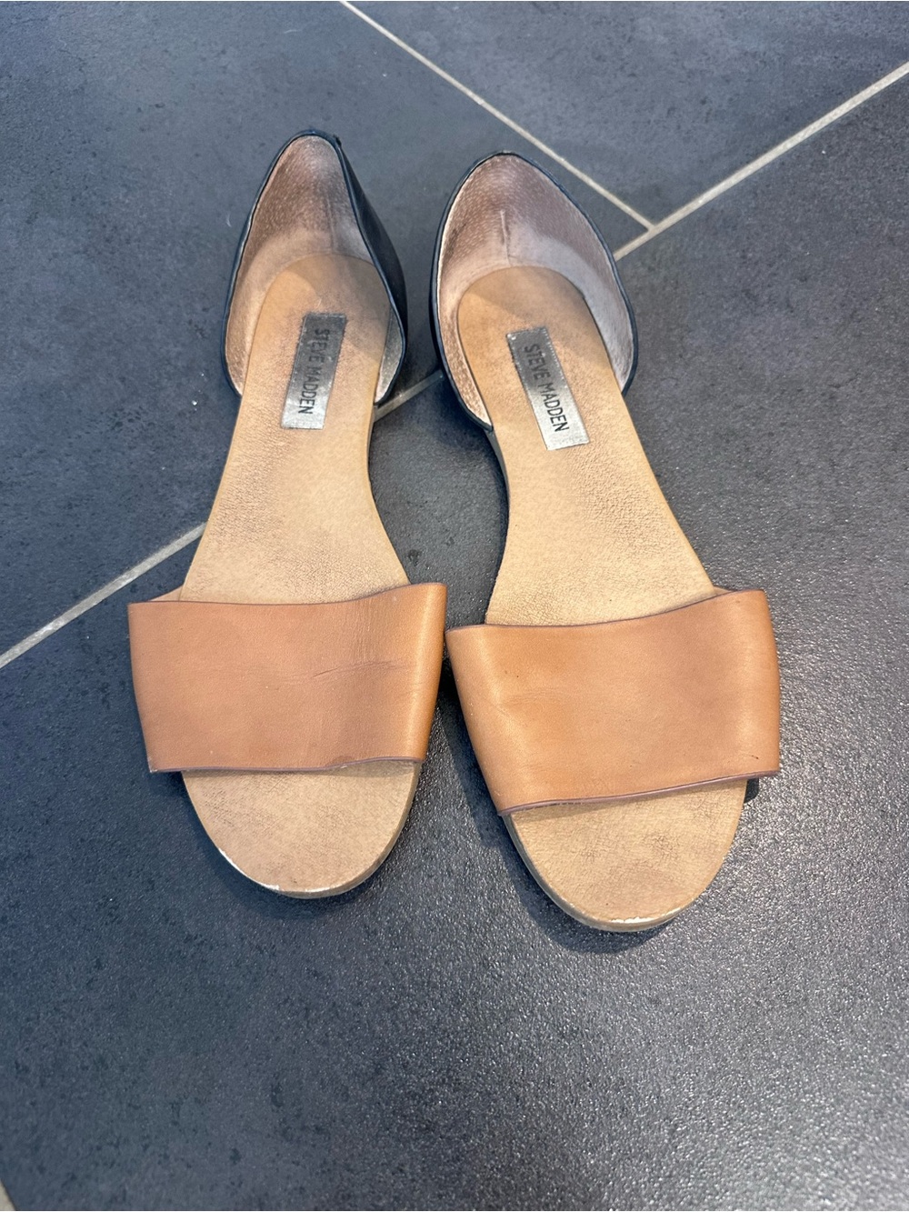 Steve Madden Tan and Black D'Orsay Open-Toe Sandals
